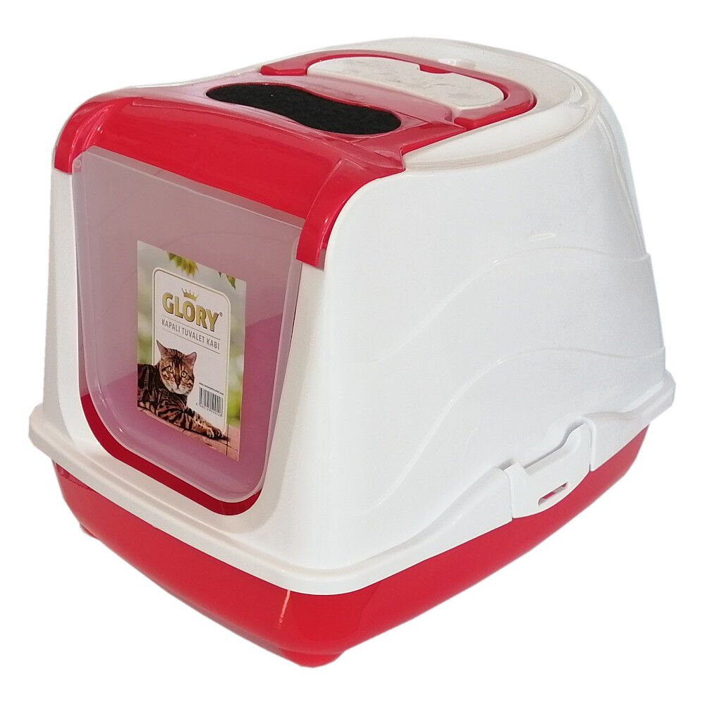 Karbon Filtreli Üstü Açılabilir Kedi Tuvaleti 35*36*49 cm Kırmızı