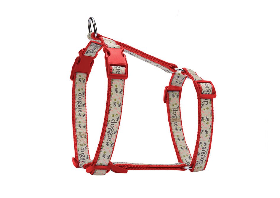 Doggie Desenli Süslü Dokuma Köpek Göğüs Tasması 1,5 x 30-35 cm Kırmızı