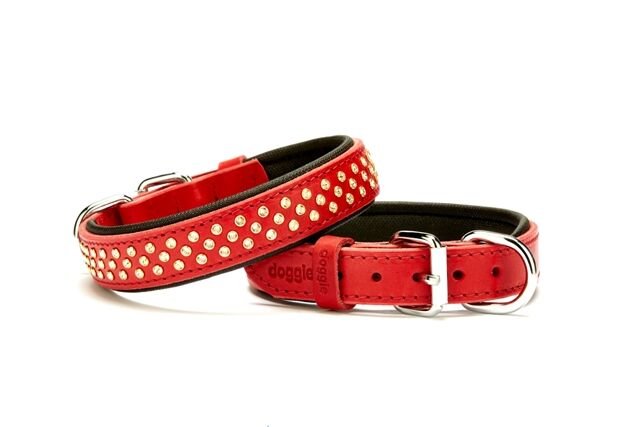 Doggie Konforlu Deri Swarovski Kristal Taşlı Köpek Boyun Tasması 3 x 42-50 cm Kırmızı