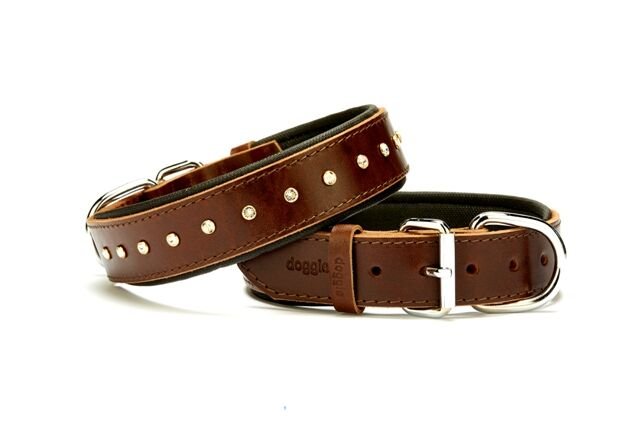Doggie Konforlu Deri Swarovski Kristal Taşlı Köpek Boyun Tasması 3,5 x 40-49 cm Kahverengi