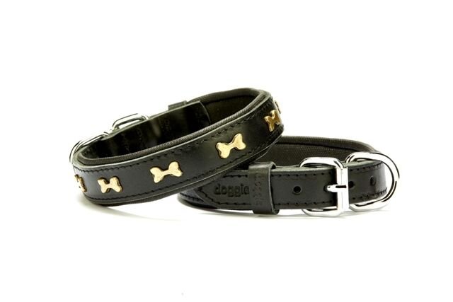 Doggie Metal Kemik Desenli Deri Köpek Tasması 2 cm / 45 cm Siyah